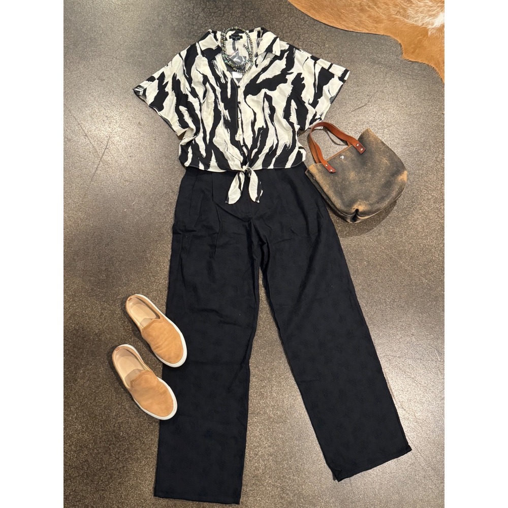 Naya Rea Tania Embroidered Trousers Black High Waist Wide Leg XS